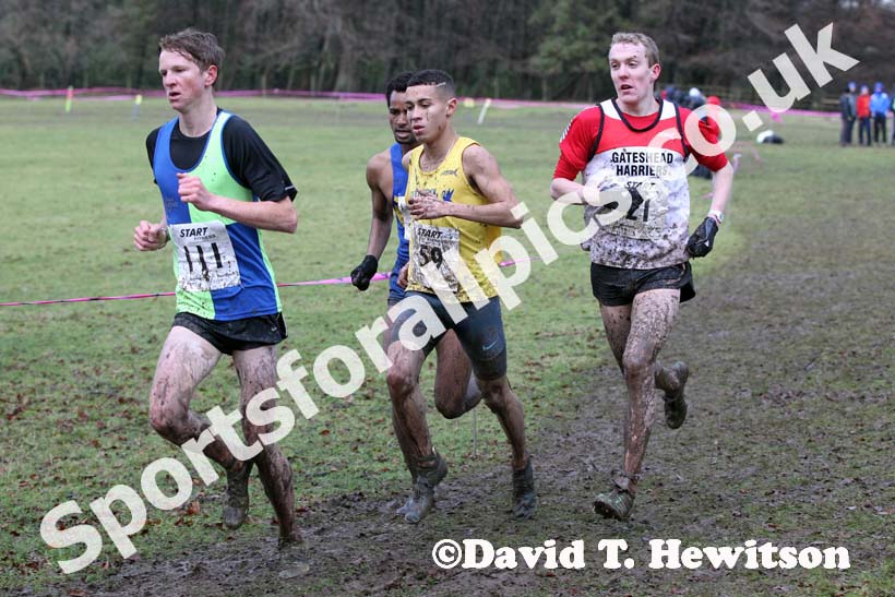 Michael Vennard (Vale Royal) leads 59 Matthew Shirling (Liverpool Harriers), 45 Tesfaye Debele (Leeds) and eventual winner 21 Calum Johnson (Gateshead) during the under-20 mens Northern Cross Country Champs, Knowsley Safari Park. Photo: David T. Hewitson/Sports for All Pics